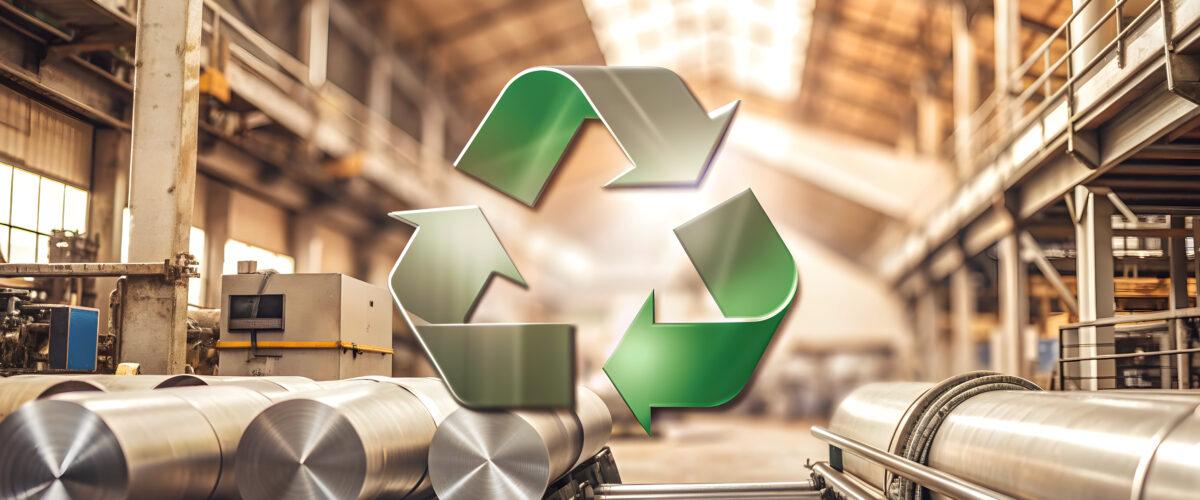 Recycling symbol above rolled metal products in an industrial setting